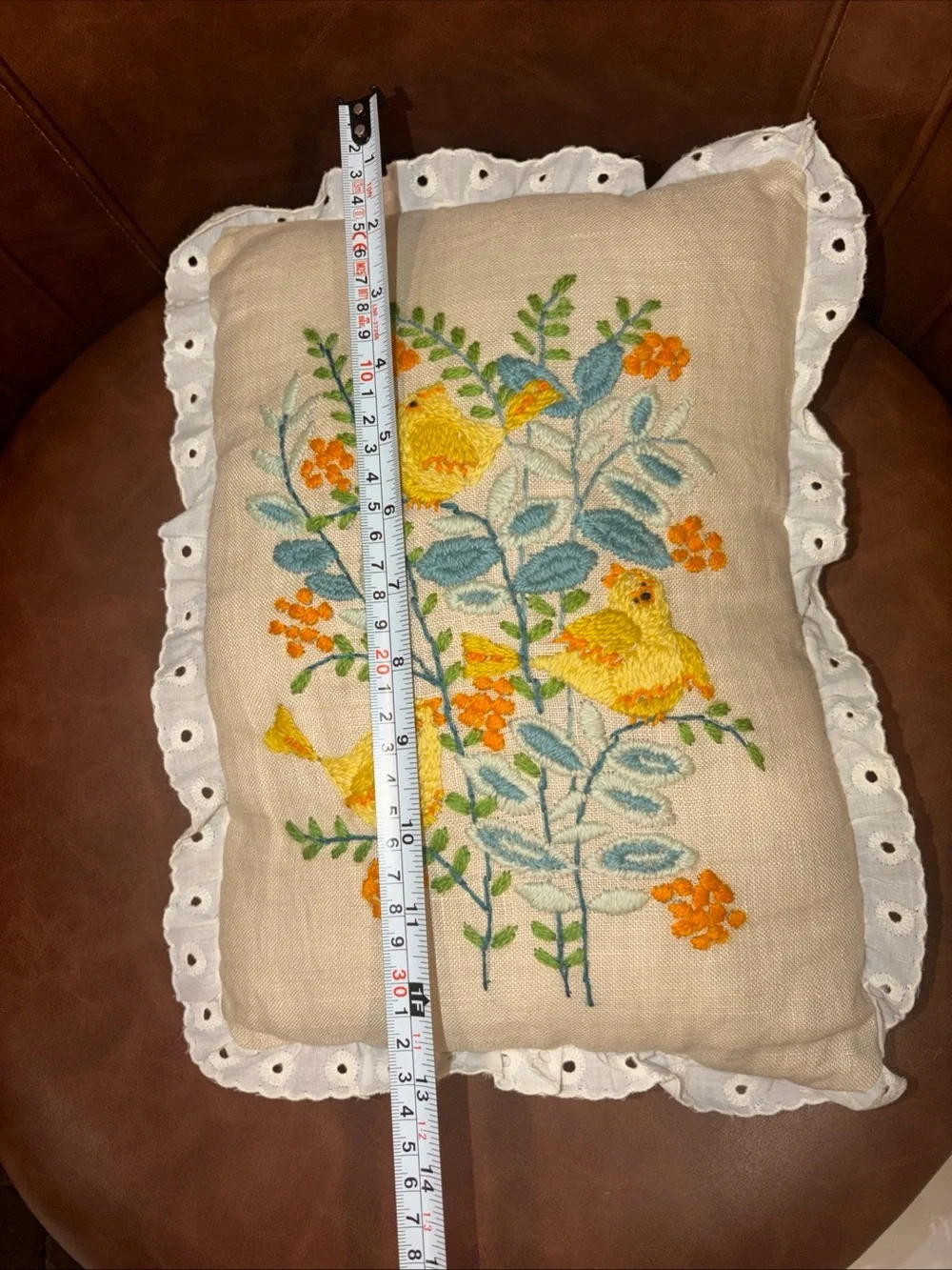 Vintage Hand Stitched Yellow Bird Floral Pillow  Handmade Throw Accent Granny